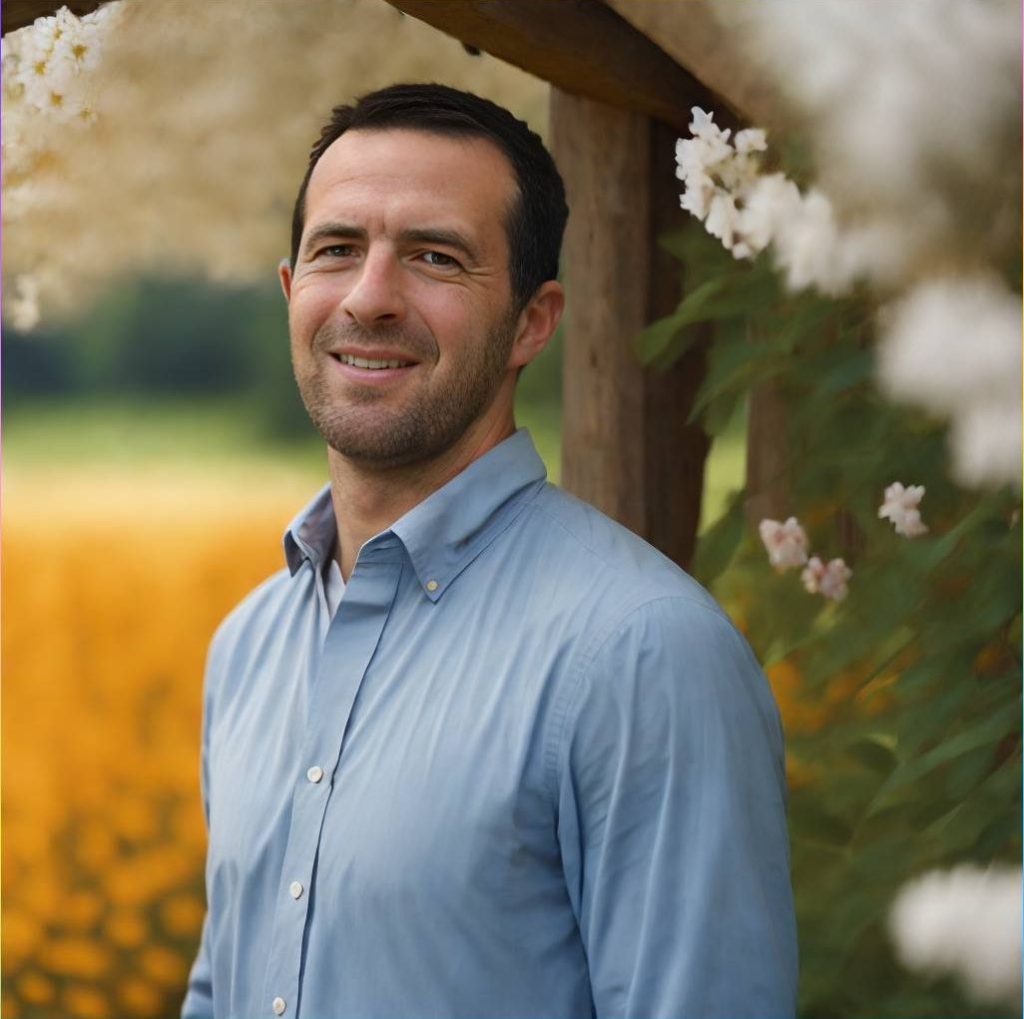 A man in a blue shirt standing in front of flowers, exuding a spiritual aura.