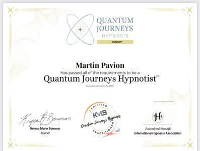 Certificate from Quantum Journeys Hypnosis Academy certifying Martin Pavion as a Quantum Journeys Hypnotist, dated December 30, 2024, featuring signatures and accreditation logos.